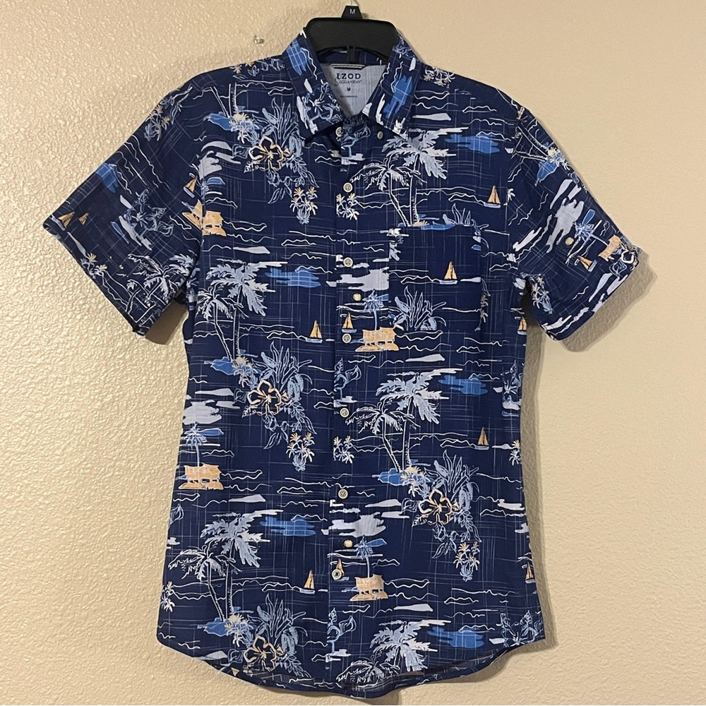 Izod Saltwater Men's M Navy w/ White & Yellow Tropical Print Short Sleeve Shirt